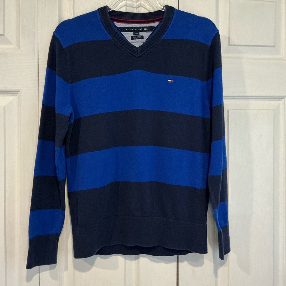 🐸 Tommy Hilfiger Blue V-neck Lightweight Cotton Sweater - Size Small